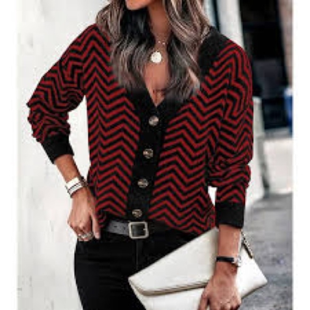 PrettyGarden Chevron Stripe Red Black Button Front Cardigan Women’s Size L